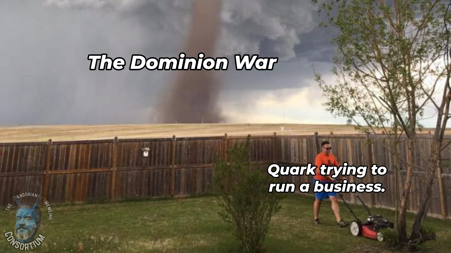 This meme is a humorous image of a person mowing a lawn in the middle of a tornado. The text "The Storming of the Lawn" is at the top, and "The Lord of the Lawn" is at the bottom. The meme is a play on the phrase "The Storming of the Bastille," a famous historical event, but instead it's about a person trying to mow their lawn during a tornado.